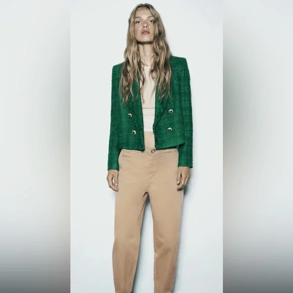 🆕(NWT) ZARA Bloggers Fav Green Tweed Double Breasted Cropped Blazer. Size XS - Picture 10 of 16